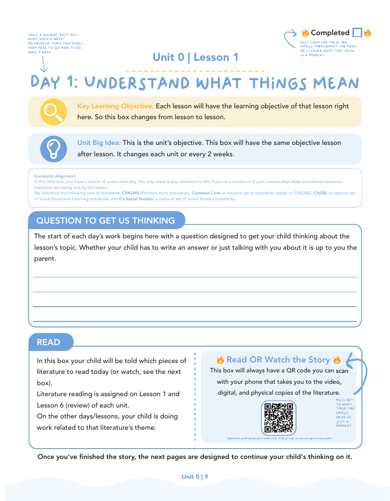 Blue Week 1 sample curriculum page