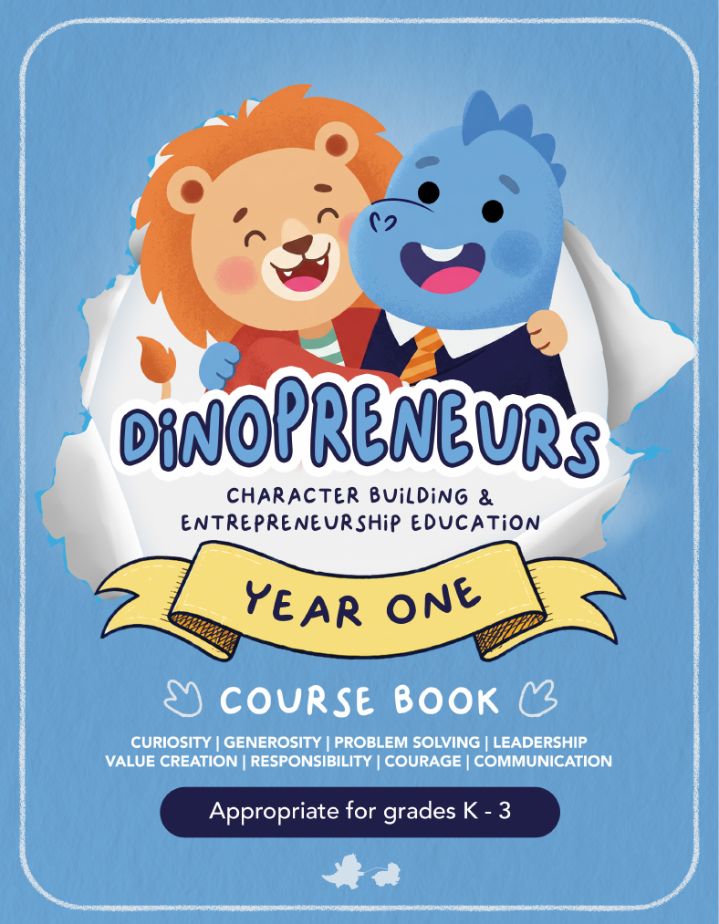 DinoPreneurs Year One course book cover featuring a lion and dinosaur